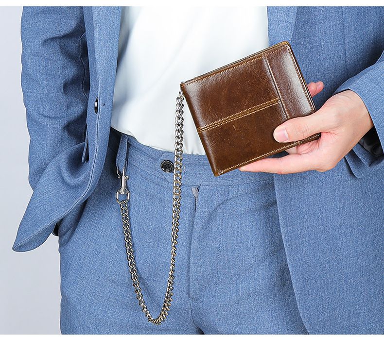 Portafoglio vintage da uomo in vera pelle con scomparti multi-carta, catena antifurto e design sottile: elegante e funzionale per l'uso quotidiano_voghion.com