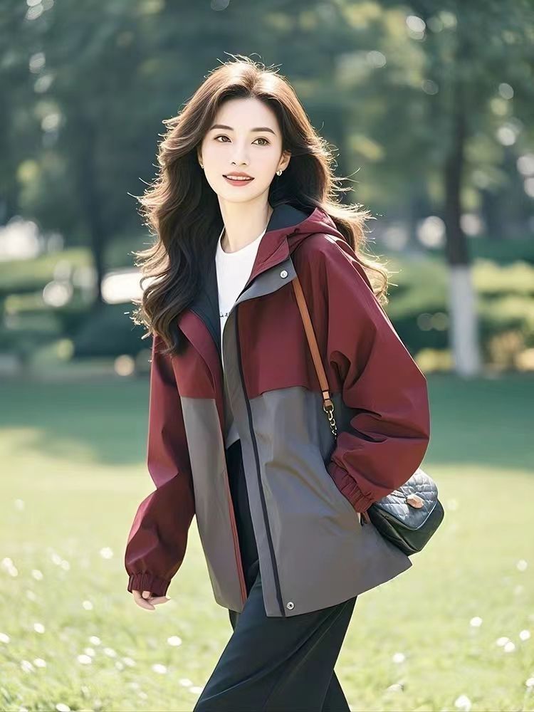 Casual Patchwork Hooded Jacket For Women, Spring And Autumn 2025 New Loose Plus Size Fashionable Outerwear_voghion.com