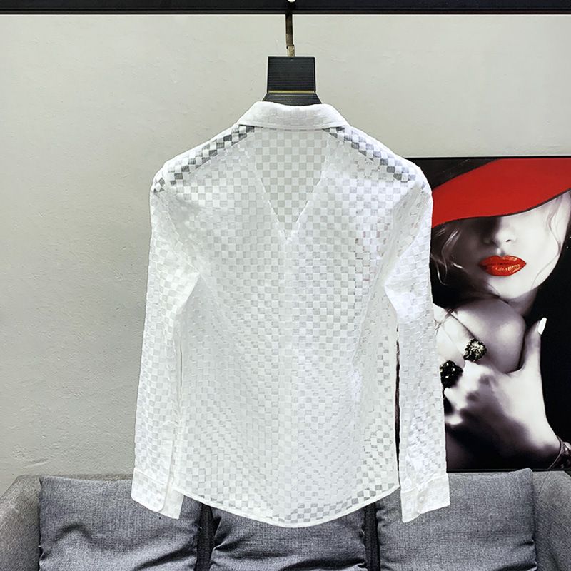 Camicia a scacchiera traforata da uomo, versione coreana, in mesh traspirante, con fodera alla moda, vestibilità slim._voghion.com