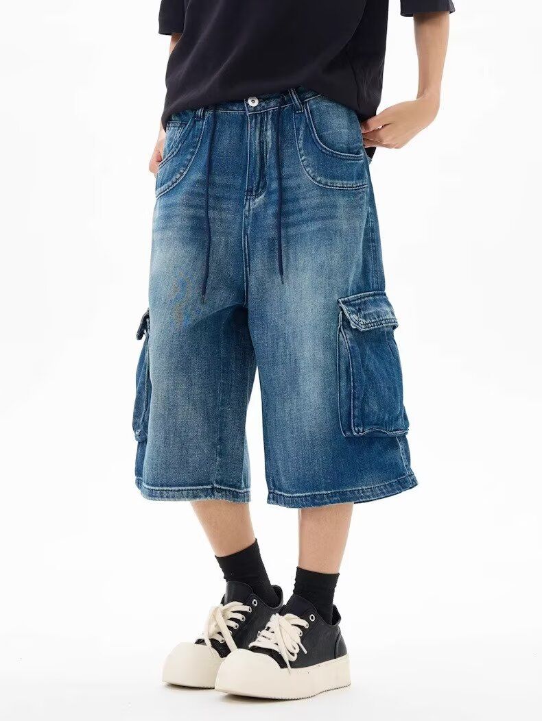 Summer New American Style Loose Fit Three-Dimensional Pocket Capri Pants Unisex Cargo Denim Shorts Versatile Slimming_voghion.com