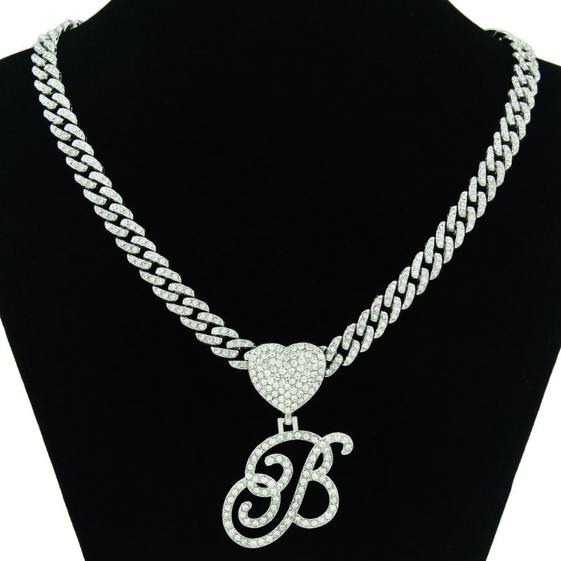 Hip Hop Flower Grass Body 26 English Letter Pendant Necklace Heart Button Full Diamond Cuban Chain Accessories_voghion.com