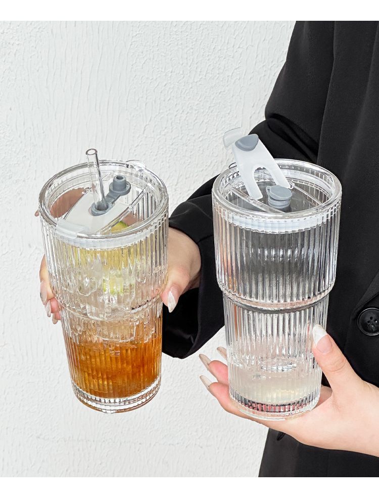 Tazza per acqua in vetro a righe verticali con coperchio e cannuccia, grande capacità, per bevande fredde di alta qualità e succo di caffè_voghion.com