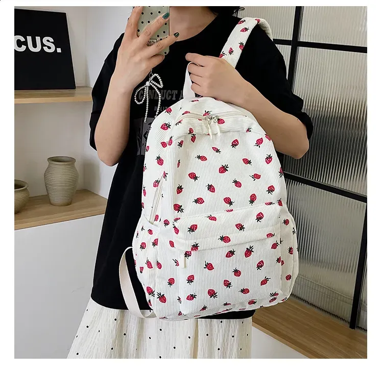 Corduroy Strawberry Backpack Student Multi Pocket Youth Adjustable Strap Notebook Outdoor Mochila Escolars 250408l_voghion.com