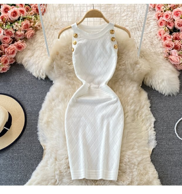 Damen Rundhals Ärmelloses Strick Neckholder Off-Shoulder Kleid Sexy Hüftbetontes Kurzrockkleid_voghion.com