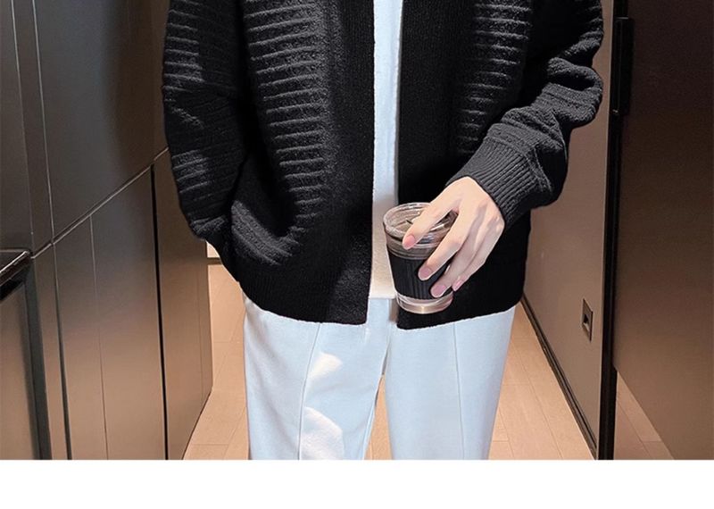 Herrenbekleidung Leichter Strickpullover im reifen Stil Große Strickjacke Strickjacke mit V-Ausschnitt – Britisch inspirierter Pullover mit offener Vorderseite für Herbst und Winter_voghion.com