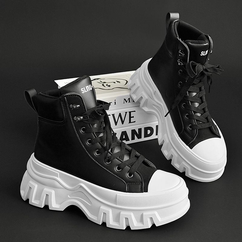 Lässige Herren-Sneaker mit dicker Sohle – High-Top-Unisex-Schuhe aus PU-Leder für den täglichen Gebrauch (Schwarz/Weiß, Größe 37–44)_voghion.com