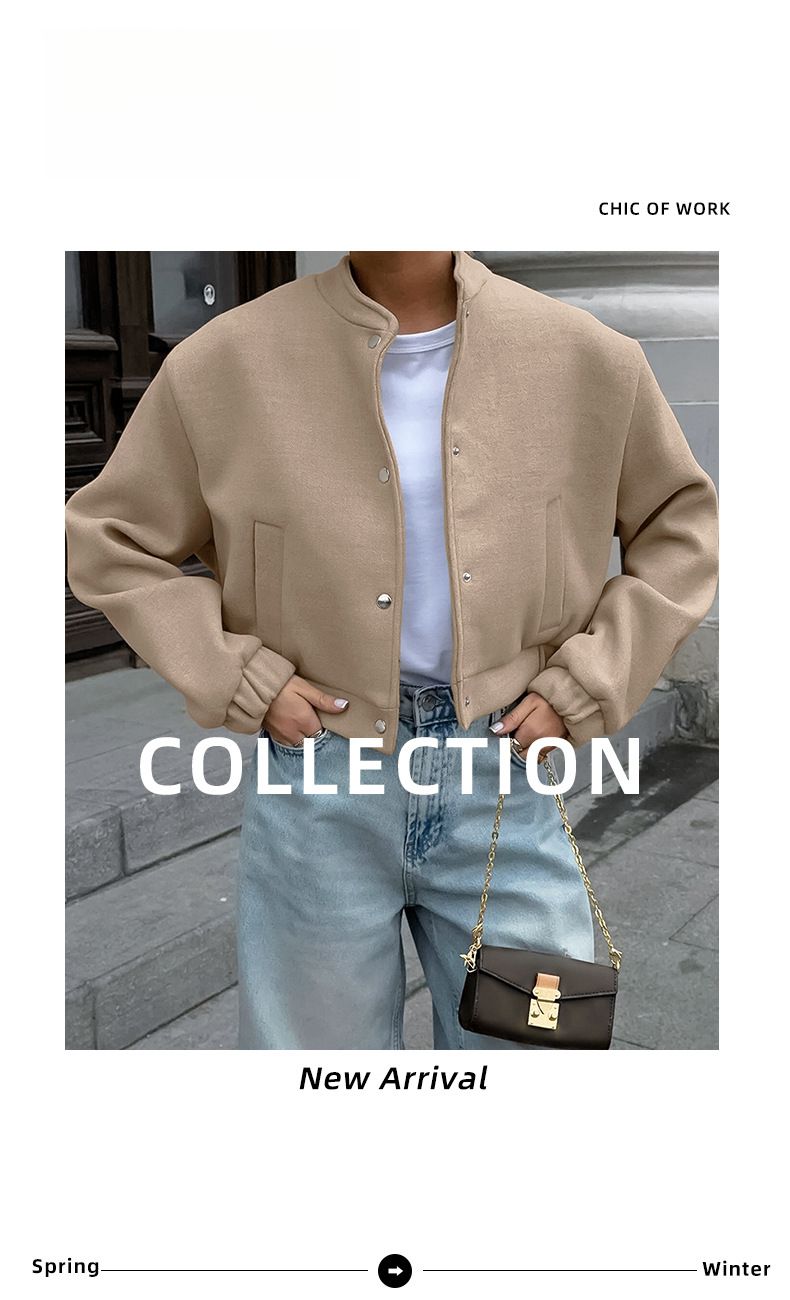 2025 Autumn Winter Flight Jacket Fashion Khaki Thick Small Stand Collar Coat Commuter European And American Women's_voghion.com