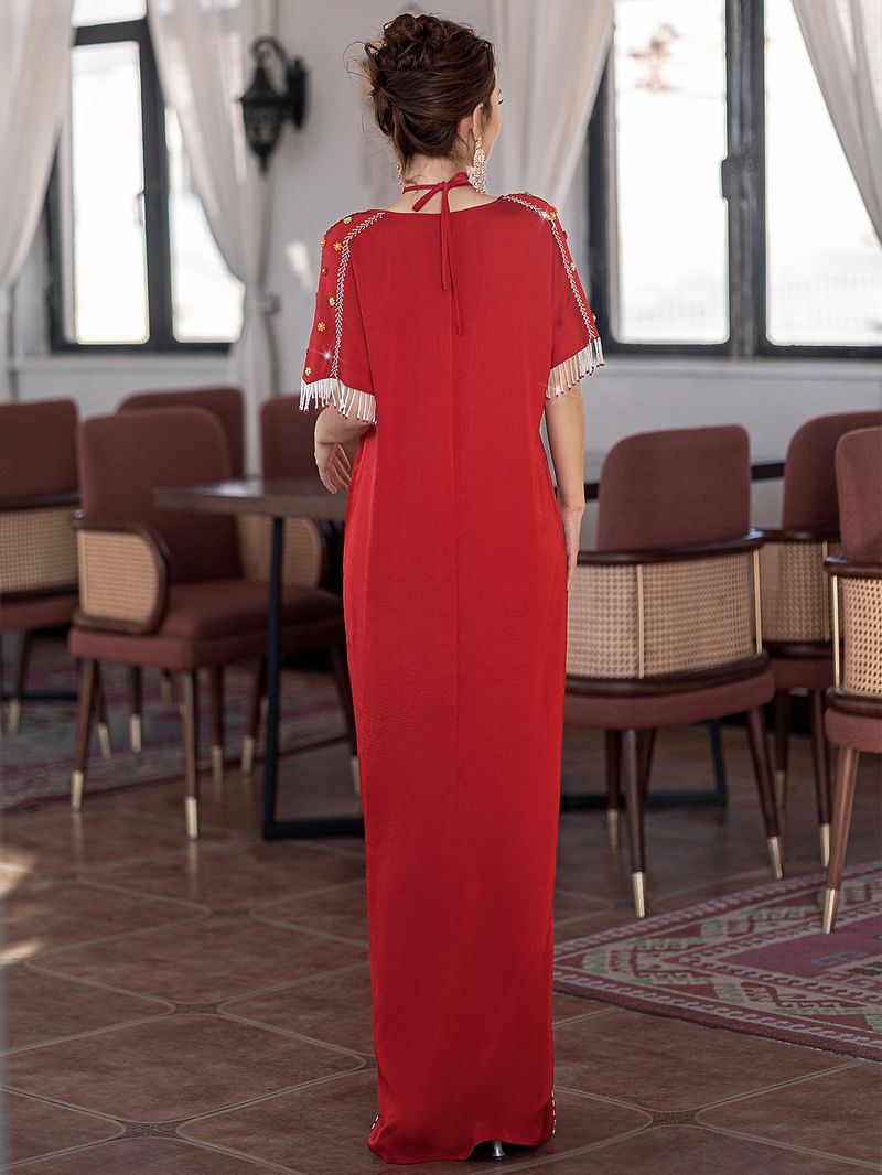 Red Embroidered Halter Neck Dress With Tassel Details & High Slit - Elegant Evening Gown_voghion.com