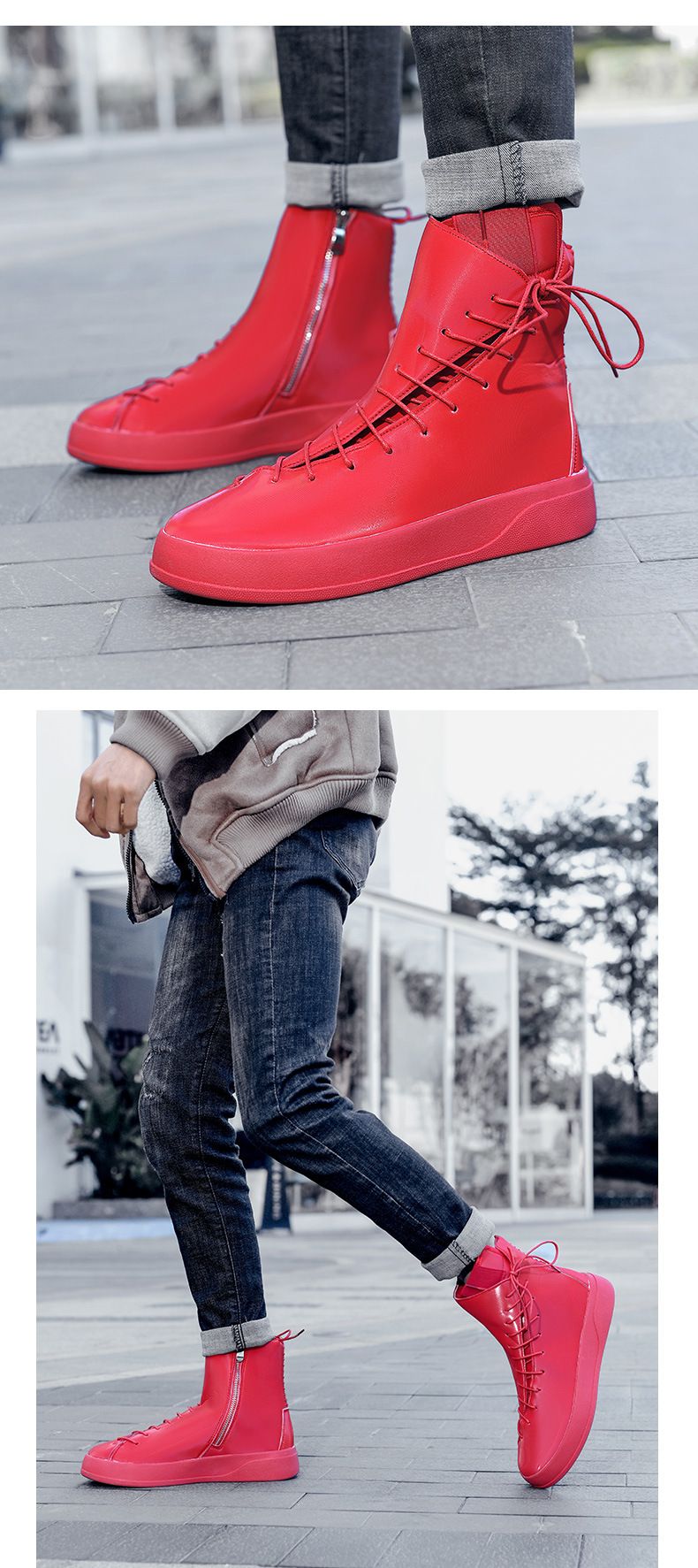Autumn/winter New Men's Board Shoes 2024 European Station Large Martin Boots Strap Bright High Top Leather Boots Thick Bottom Motorcycle Boots_voghion.com