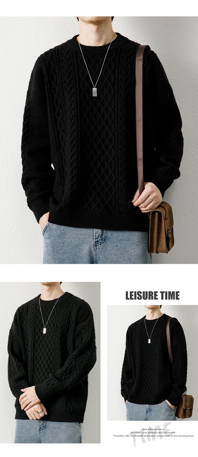 Herren-Zopfmusterpullover, warmer Winterpullover, Rundhalsausschnitt, dick gestrickte Basisschicht, lässig, lockere Passform, trendiger Pullover_voghion.com