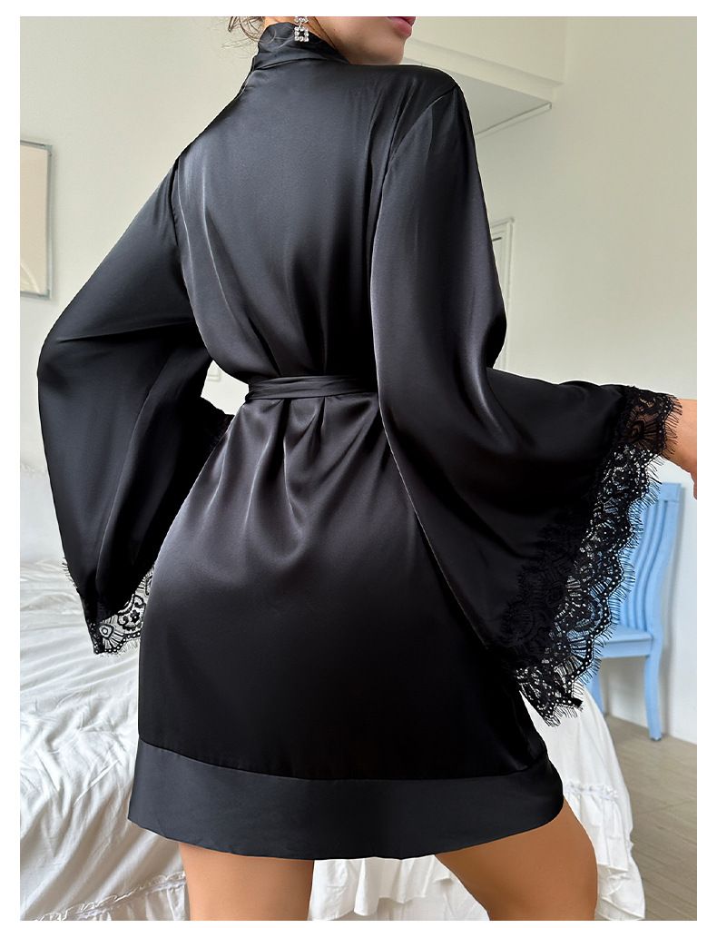 Europäische und amerikanische Cross Border Sexy Nachthemd Medium Bademantel Sexy Pyjamas Damen Langarm Damen Satin Home Kleidung Großhandel 735_voghion.com