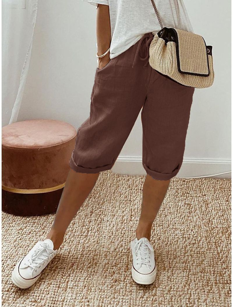 Women's cotton and linen pocket elastic casual pants women's pants quarter pants_voghion.com