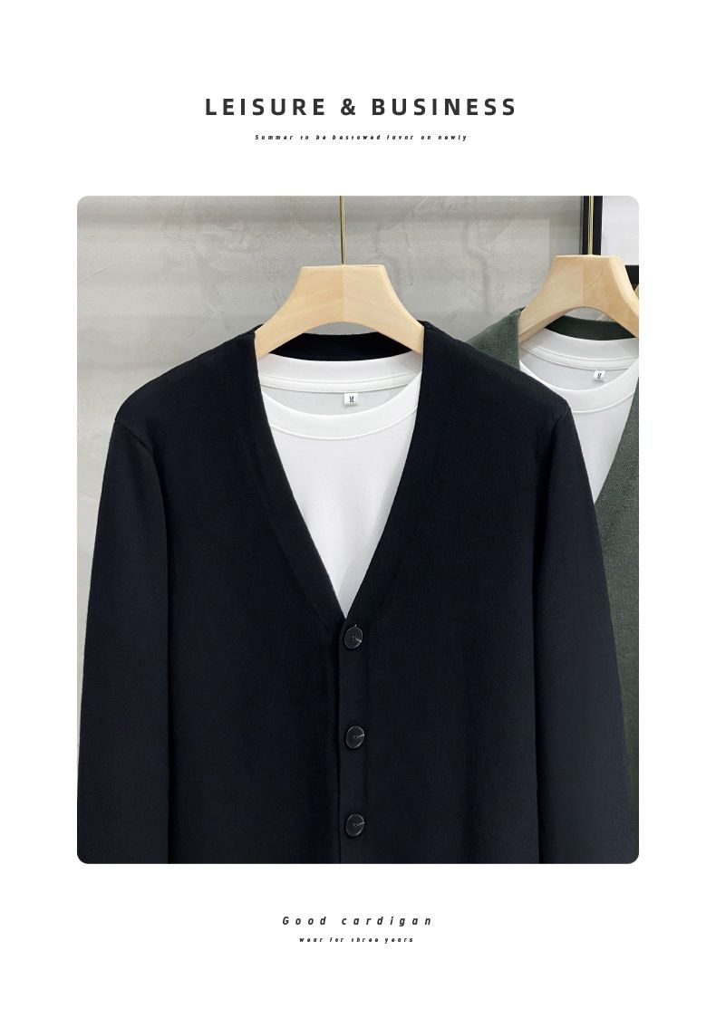 Strickjacke mit V-Ausschnitt im koreanischen Stil – Leichter Pullover mit offener Vorderseite für Frühling/Herbst für Herren (Schwarz, Grün, Aprikose, Grau) | Trendiges Lagenstück_voghion.com