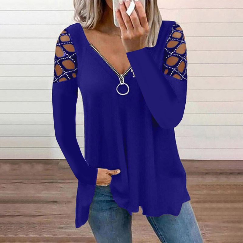 T-shirt casual da donna con scollo a V, manica cava, tinta unita, nuova moda autunno inverno 2023_voghion.com
