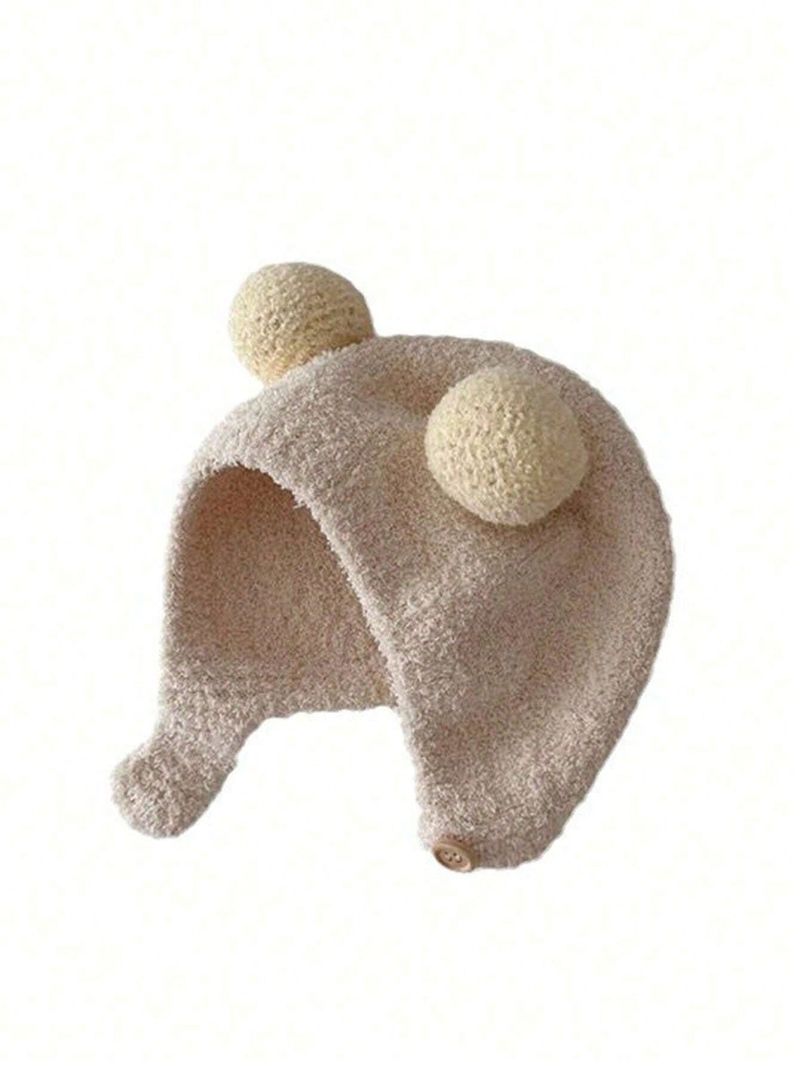 1 Stéck Gestrickte Ouerschutzkapp fir Puppelcher/Kanner, Korall, Thermo-Futter, Unisex, Gëeegent fir Hierscht a Wanter_voghion.com