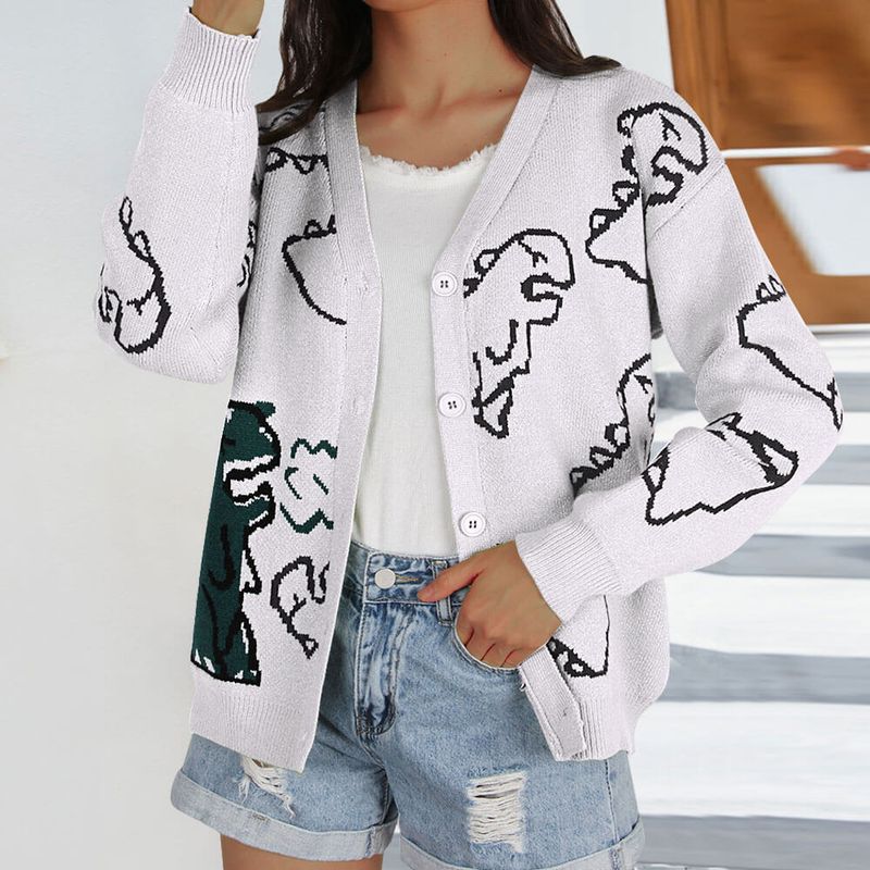 Abbigliamento da donna maglione a maniche lunghe cappotto cardigan sciolto dinosauro cartone animato_voghion.com