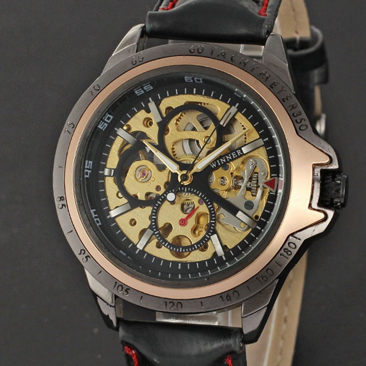 Winner Heren Uitgeholde Automatische Mechanische Band, Horloge Achterkant Transparant_voghion.com