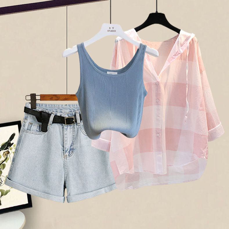 Damenbekleidung Sommer Plus Size Outfit Sonnenschutz Hemd Weste Slim Denim Shorts Dreiteiliges Set_voghion.com