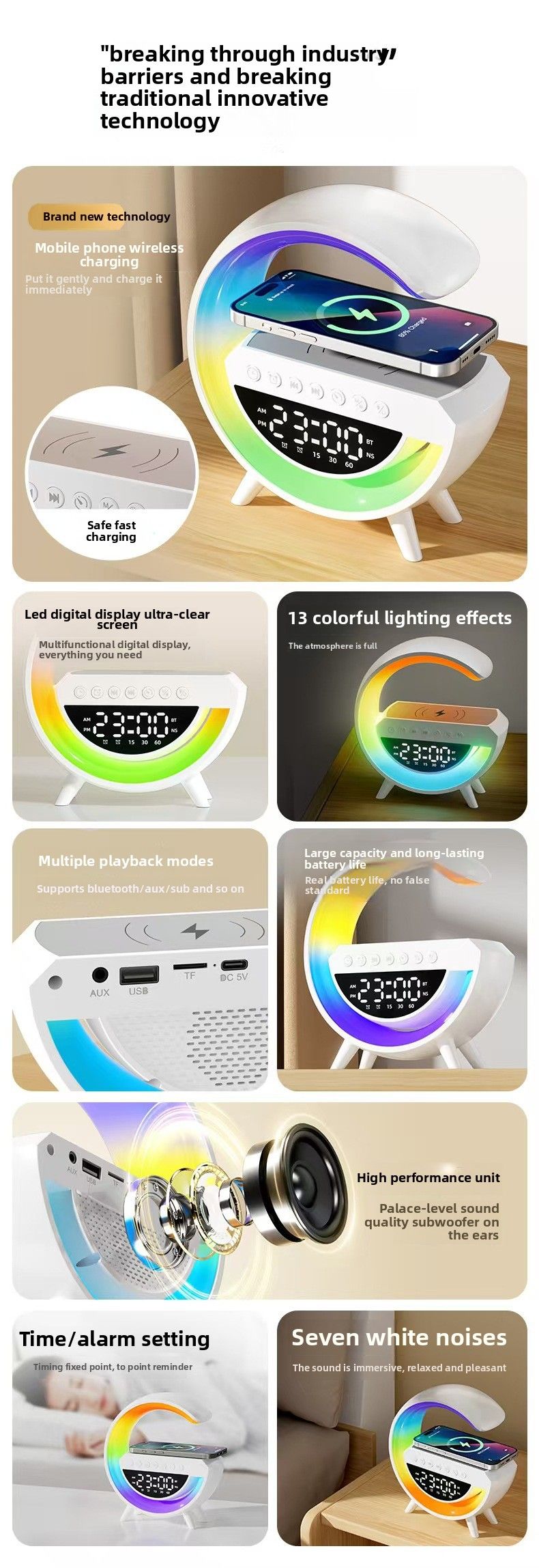 Nouvelle enceinte Bluetooth Small G - Compatible avec la recharge sans fil des téléphones et montres, avec éclairage d'ambiance, réveil intégré et fonction haut-parleur_voghion.com
