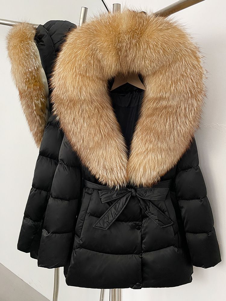 Women’s Long Puffer Coat With Detachable Fox Fur Collar – Elegant Waist-Tie Design, High-End Winter Jacket_voghion.com