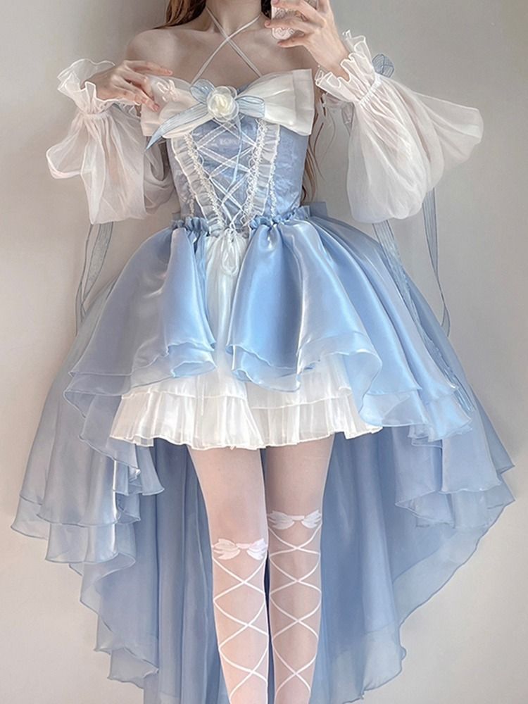 Blue Lolita Dress Short Front Long Back Floral Design, Suitable For Marrying Heavy Worker With Large Bow And A Trailing_voghion.com