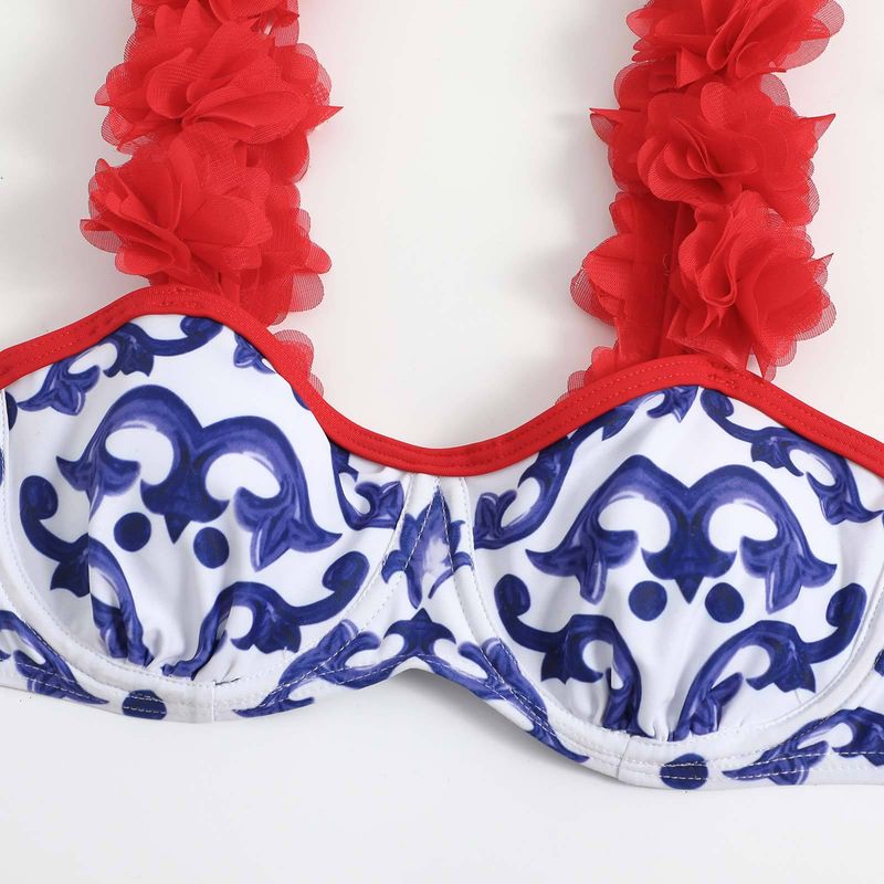 Maillot de bain de vacances pour femme, ensemble trois pièces pour femme, imprimé numérique rétro, jupe fendue noble, maillot de bain_voghion.com