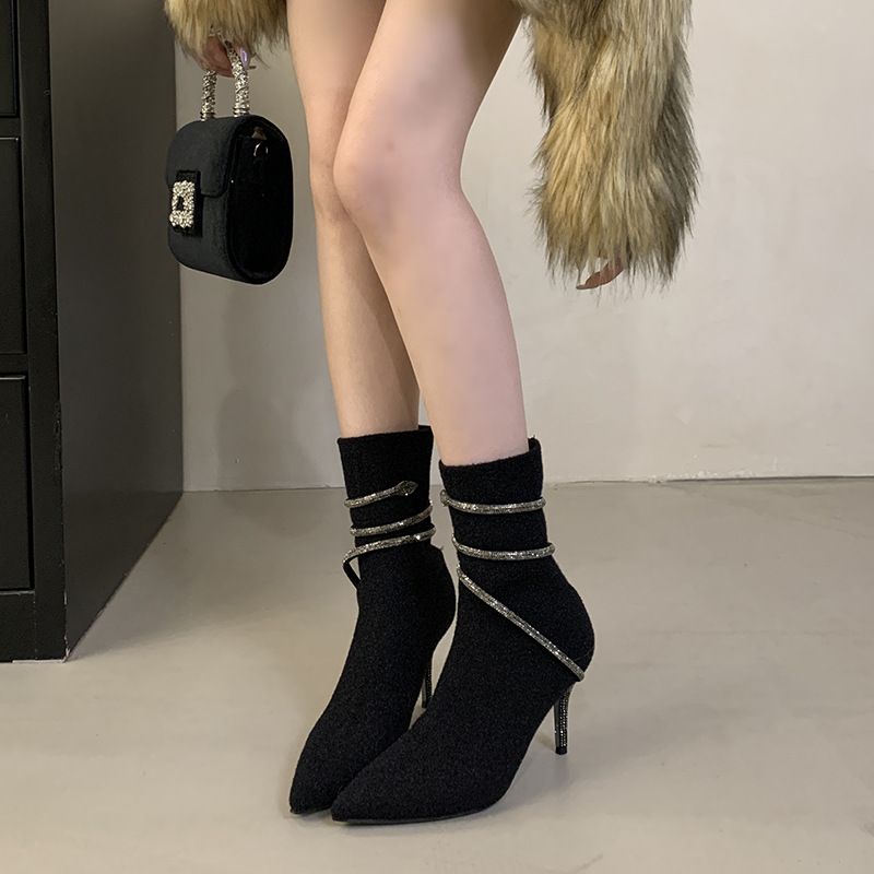 2025 Autumn/Winter New Pointed Toe Rhinestone Short Black High Heel Elastic Knitted Slim Fit Sock Boots For Women_voghion.com