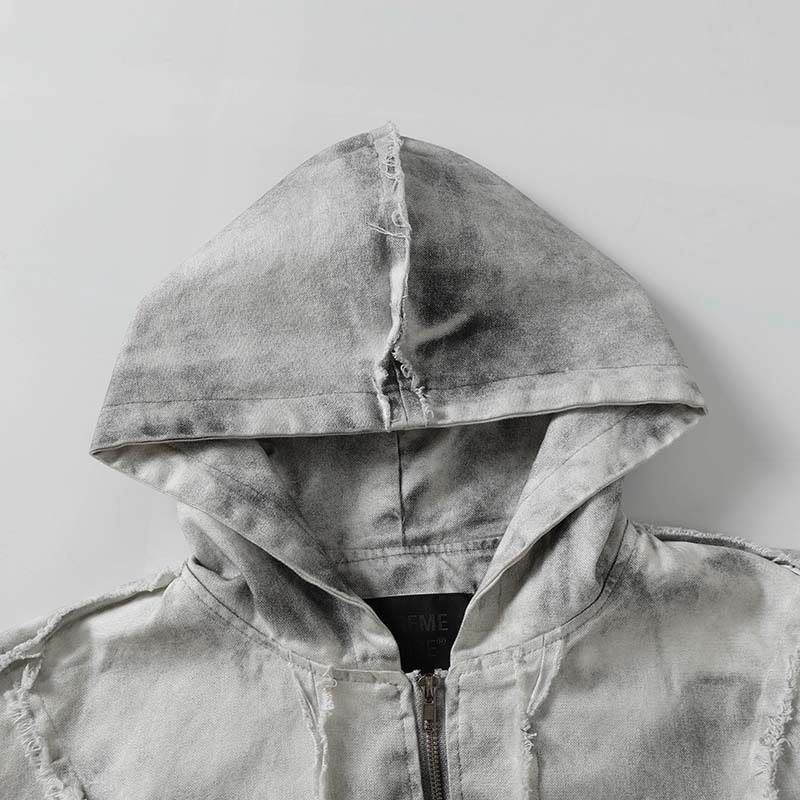 Felpa con cappuccio decostruita e rovinata – Felpa oversize vintage con cerniera, orlo grezzo e dettagli in vernice spray_voghion.com