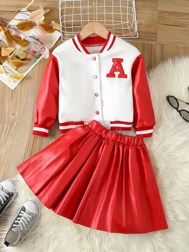 Nuovo set di abbigliamento per bambini in pelle PU per ragazza, set alla moda in due pezzi per bambini piccoli e medi, baseball_voghion.com