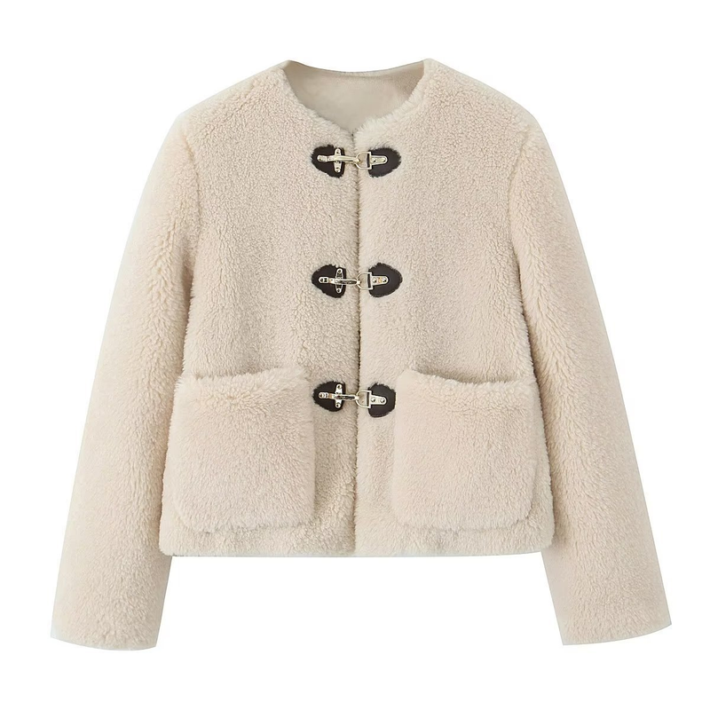 Winterjas voor dames, nieuwe stijl, veelzijdige ronde hals, lange mouwen, effen kleur, zakbontjas voor dames_voghion.com