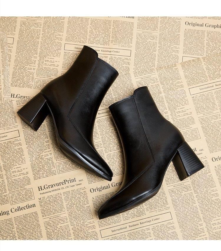 Autumn and winter new fashion pointed head thick heel side zipper short tube fashion pure black women's boots_voghion.com