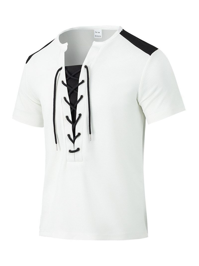 Camiseta masculina casual waffle com cordão e cor combinando, gola redonda, manga curta_voghion.com