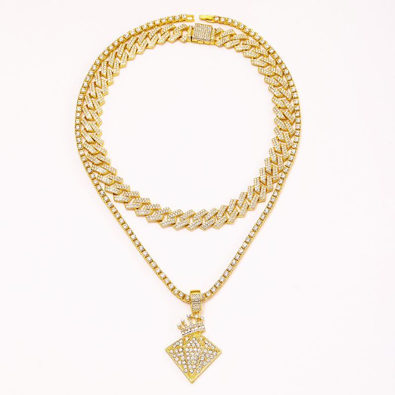 Hip Hop Alloy Full Crown Dia High Quality Fashion Necklace Set Cuban Chain Tennis_voghion.com