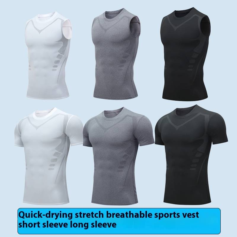 PRO Sportweste für Herren, schnelltrocknende, hochelastische Strumpfhose, langärmeliges Fitness-Basketball-Lauftraining, kurzärmeliges T-Shirt, Bodenkleidung_voghion.com