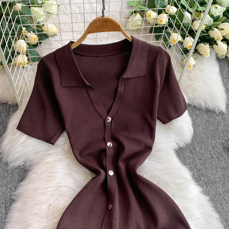 Abito monopetto con scollo a V da donna, gonna lunga con spacco snellente in maglia femminile_voghion.com