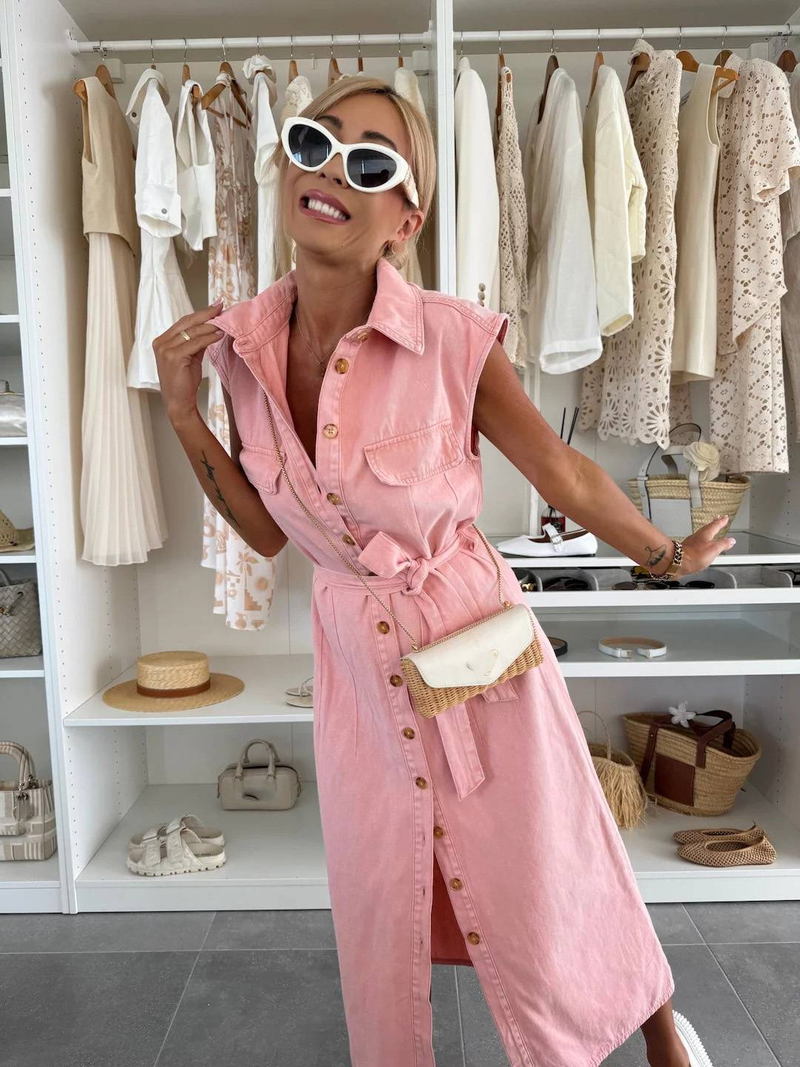 Abito monopetto senza maniche in denim casual di nuova moda da donna_voghion.com