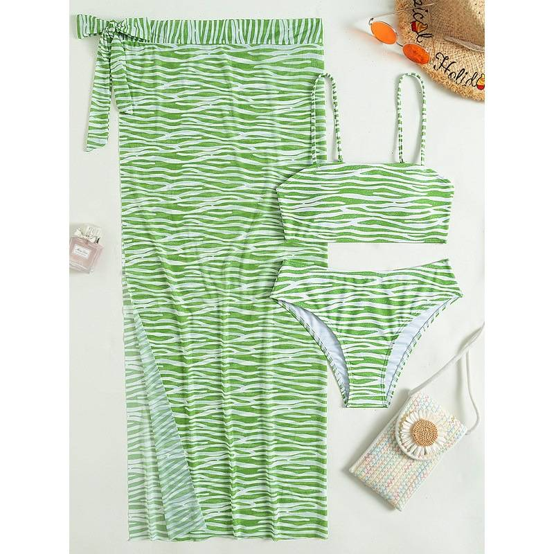 Conjunto de bikini sexy de 3 piezas para mujer: top de triángulo con cuello halter clásico y braguita de cintura alta con transparencias, lazos ajustables y protección UV._voghion.com