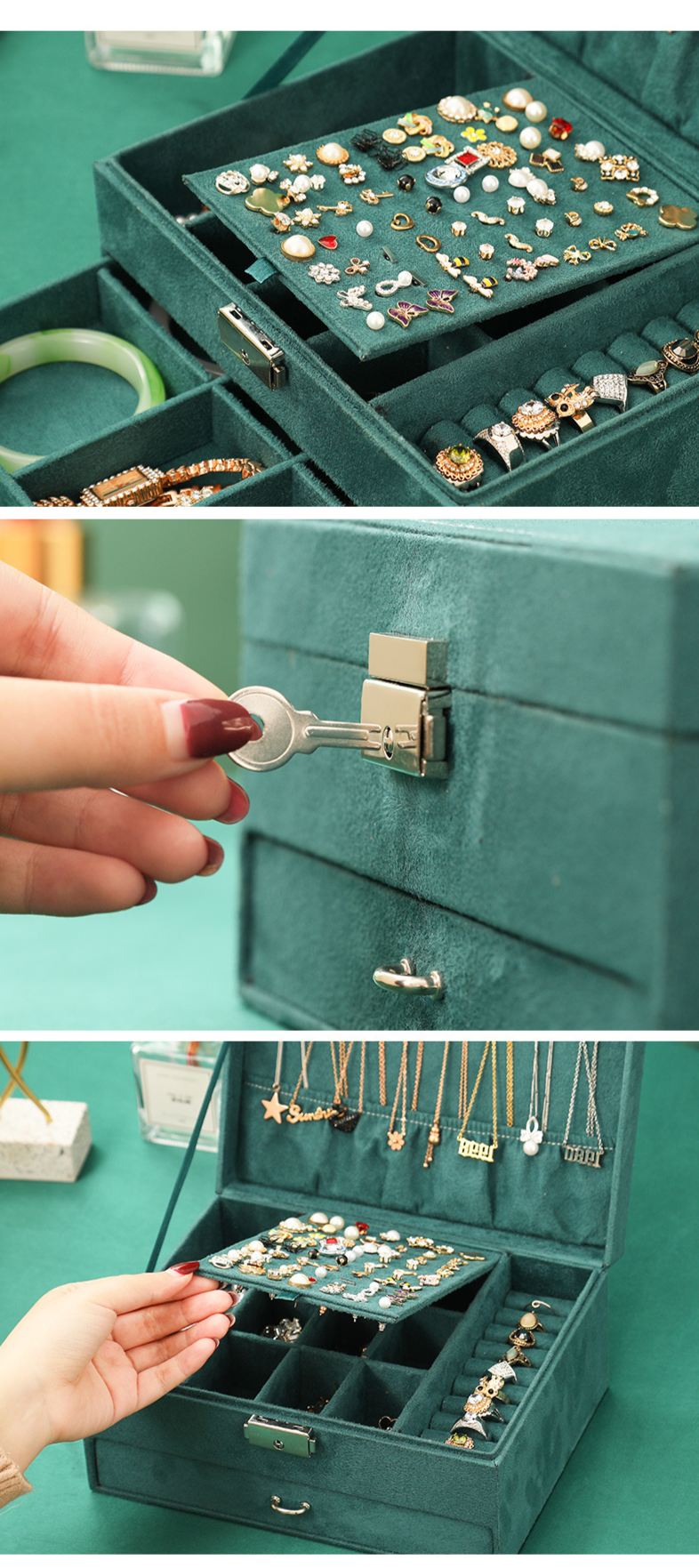 Vintage Velvet Jewelry Box With Multiple Layers - Large Capacity Storage For Rings, Necklaces & Earrings - Elegant Dark Green Cloth Organizer_voghion.com