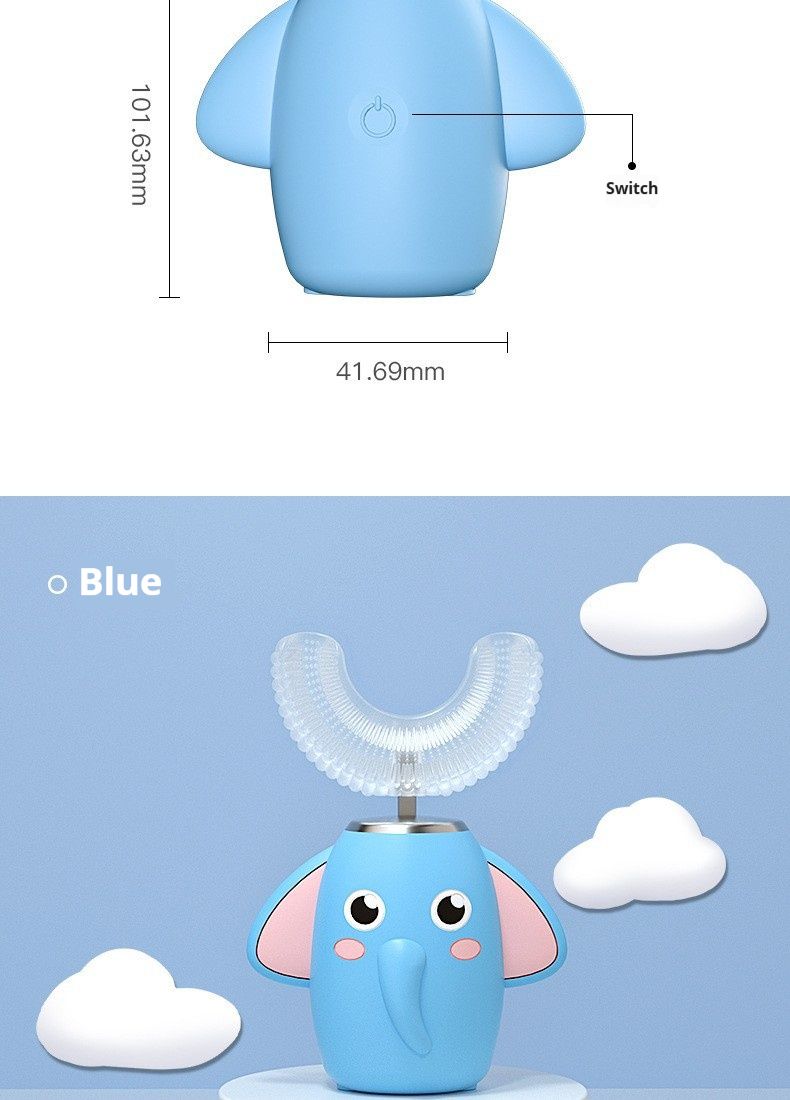 Cepillo de dientes eléctrico infantil en forma de U: 3 modos, limpieza de 360°, cerdas suaves de silicona, silencioso (36 dB), recargable, diseño de elefante (con pasta de dientes)_voghion.com