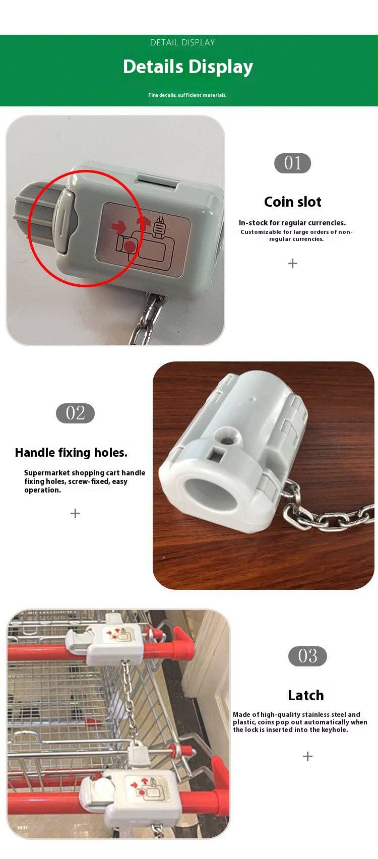 Einkaufswagenschloss – Diebstahlsicheres Münz-Sicherheitsschloss für Supermärkte und Großmärkte (90 x 70 x 70 mm, manueller Alarm)_voghion.com