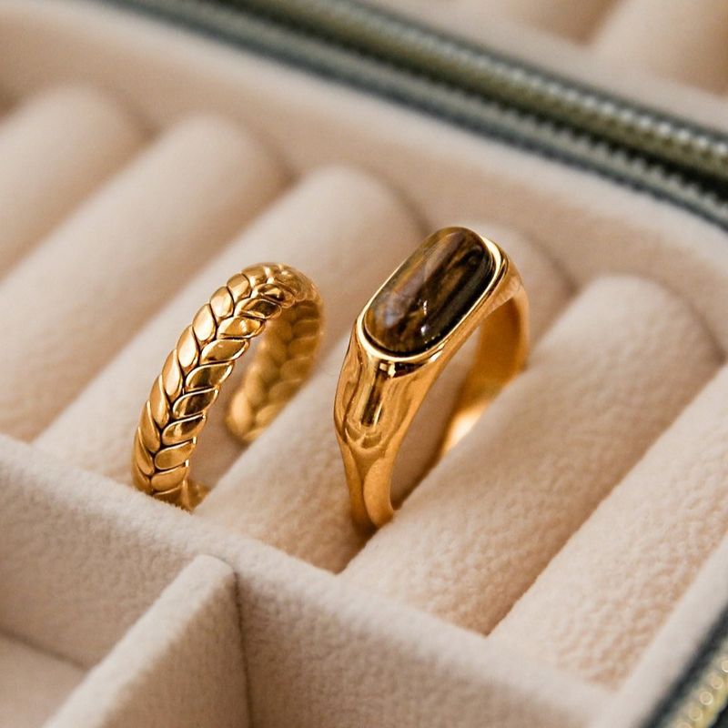 Anello da sella in pietra naturale occhio di tigre placcato di alta qualità per donna, anello a forma di spiga di grano, design impilabile, regolabile_voghion.com