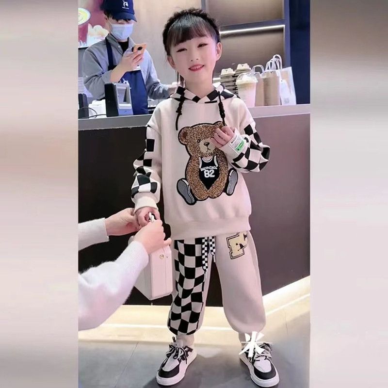 Çocuk giyim, erkek kız, ilkbahar ve sonbahar, çocuk peluş kazaklar, günlük spor kapşonlu iki parçalı set_voghion.com