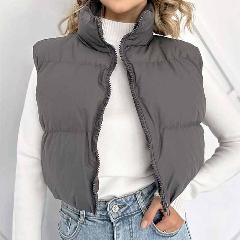 Gilet trapuntato da donna con collo alto, giacca imbottita senza maniche per autunno inverno, moda streetwear in bianco, nero, grigio_voghion.com