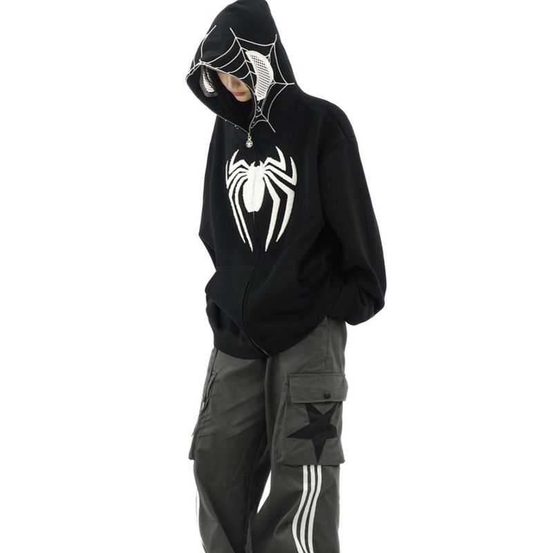 Felpa con cappuccio unisex autunnale scura con cerniera e stampa di Spider-Man in stile gotico_voghion.com
