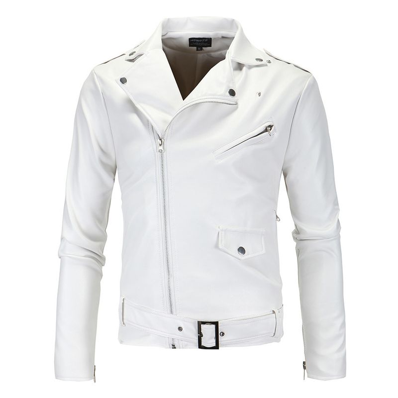 Giacca casual da uomo slim fit in pelle PU tinta unita con cerniera diagonale, cintura regolabile, antivento, per l'uso quotidiano_voghion.com