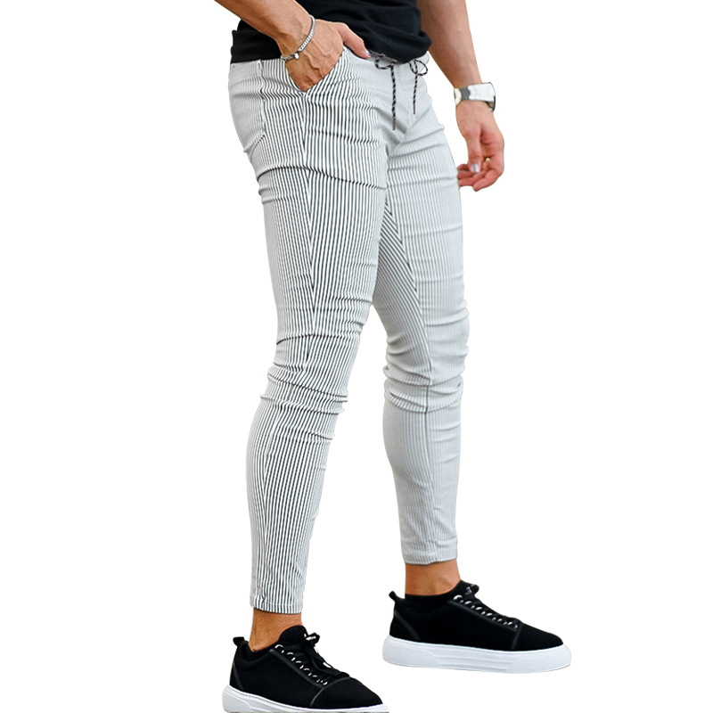 NOVEDAD DE VERANO 2023, línea de pies pequeños, moda para hombres, encaje Casual, pantalones ajustados a rayas_voghion.com