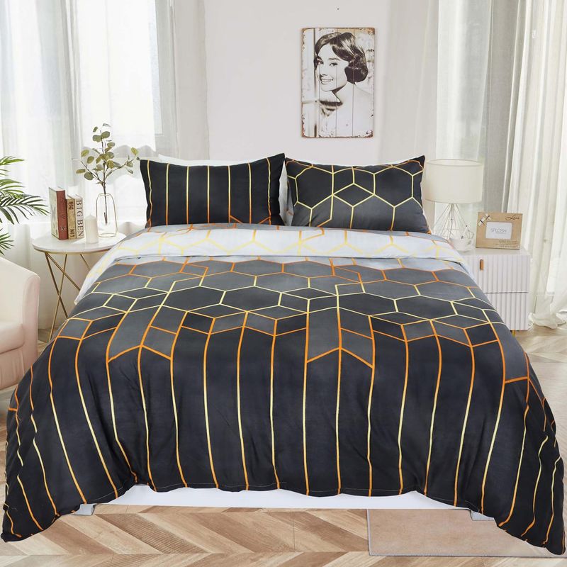 Luxury Geometric Print Duvet Cover Set With Gold Line Accents - Modern Minimalist Style Bedding Set For Queen, King, And Super King Sizes_voghion.com