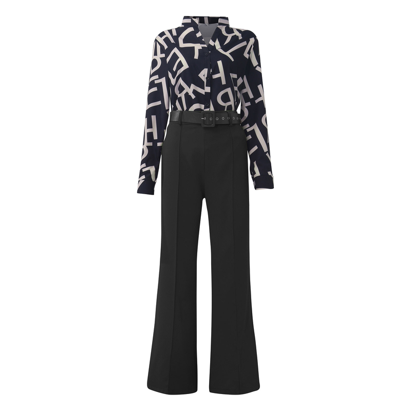 Ropa de mujer traje casual estampado cuello alto camisa de manga larga top pantalones de pierna ancha conjunto de dos piezas_voghion.com