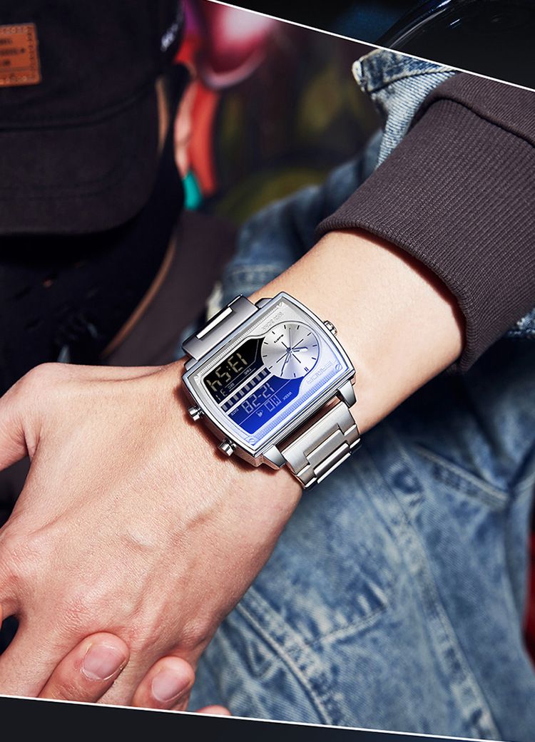 Montre carrée multifonction haut de gamme pour homme avec affichage lumineux, étanche à 30 m, double fuseau horaire et chronographe – Élégante pour le travail et les loisirs_voghion.com