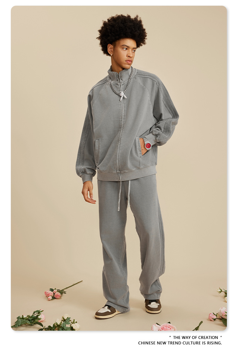 Men's Washed Bijoux Insert Zip Jacket Vintage Street Sweatshirt_voghion.com